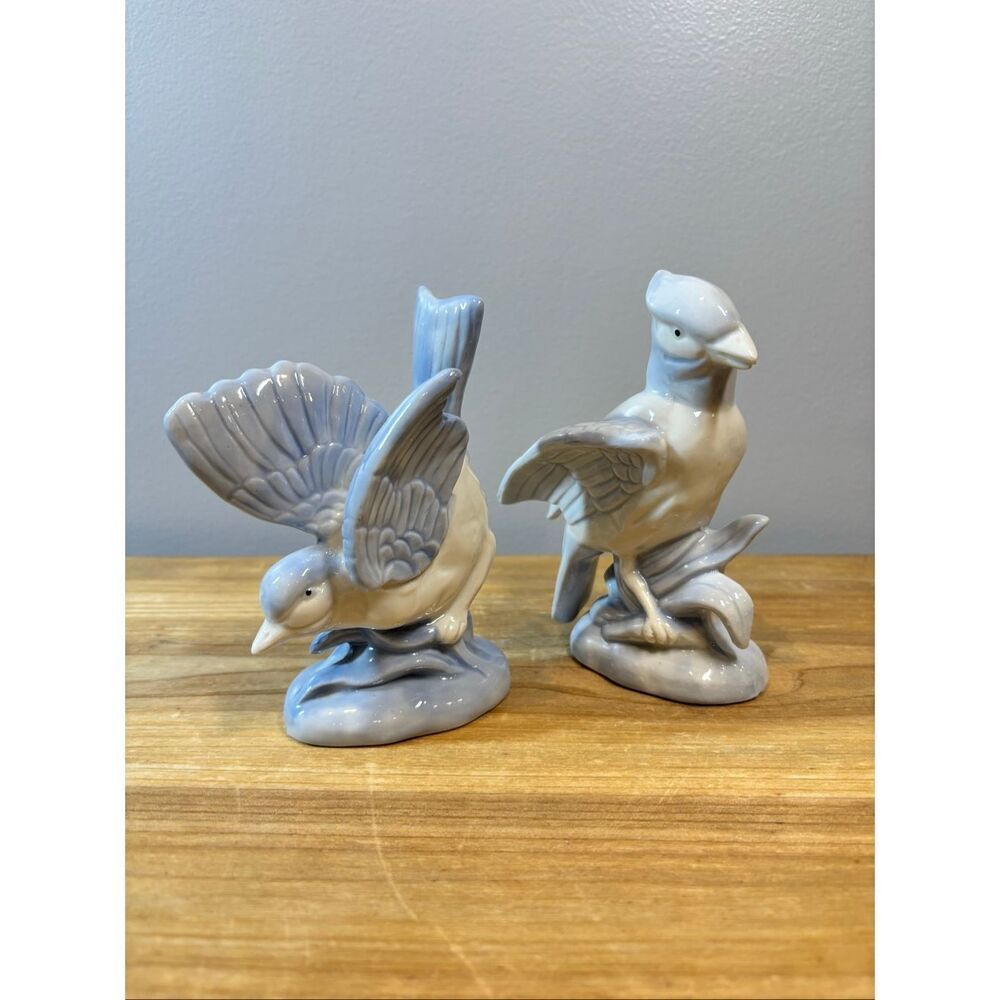 Vintage Artmark Blue Jay Porcelain Blue and White Bird Figurines Set of 2